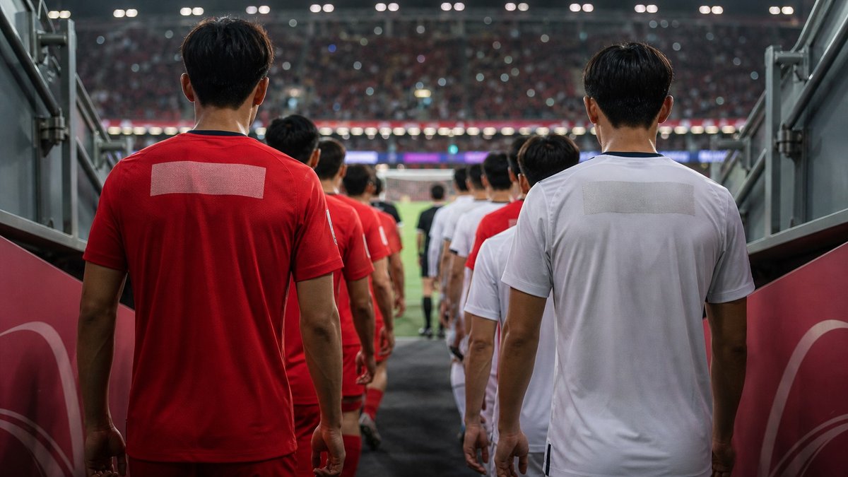 Jogadores da Coreia do Sul entrando em campo em estádio de Copa, vistos de costas.