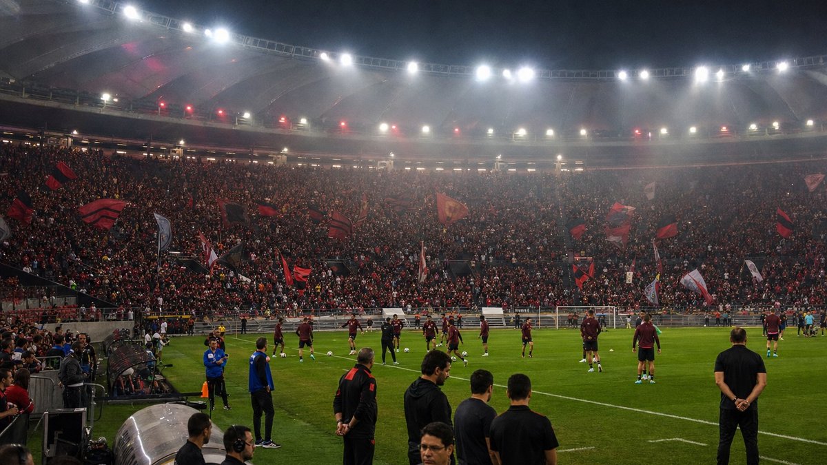 Estádio de futebol brasileiro à noite com jogadores aquecendo antes de partida da Série B.