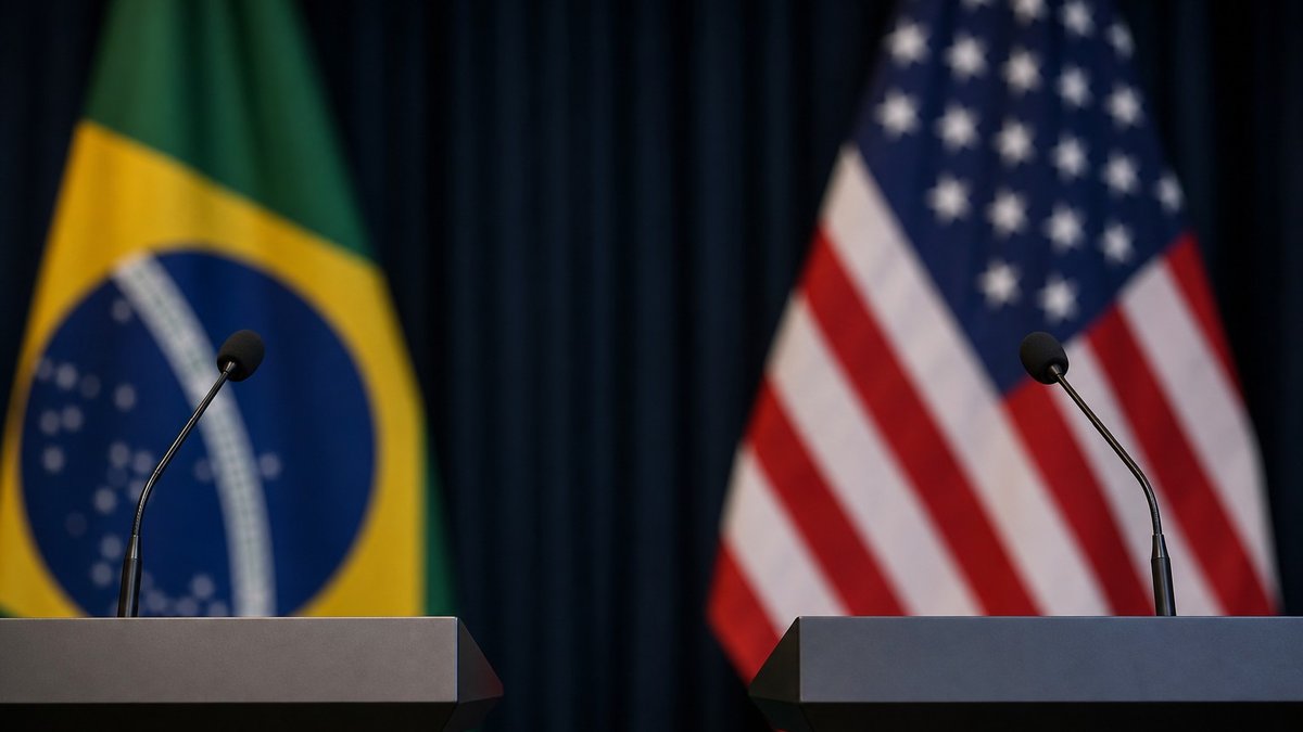 Microfones em coletiva com bandeiras do Brasil e dos Estados Unidos ao fundo.