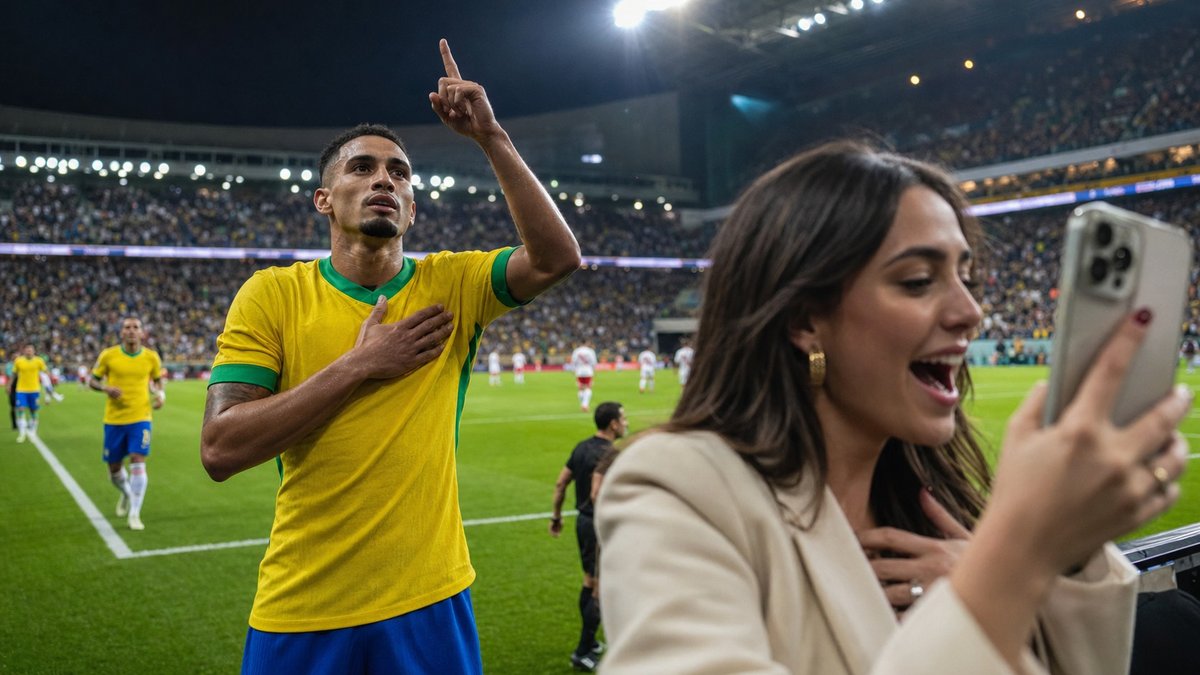 Jogador brasileiro comemora gol em estádio enquanto influenciadora reage na arquibancada.