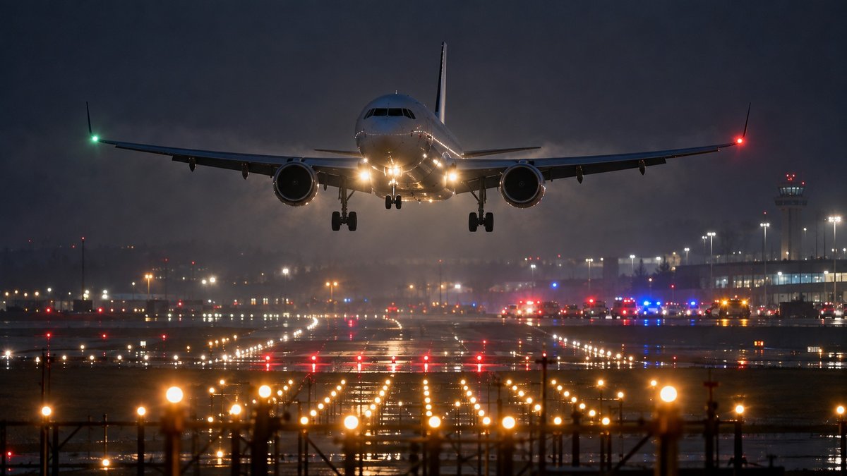 Avião comercial em aproximação noturna com veículos de emergência no aeroporto ao fundo